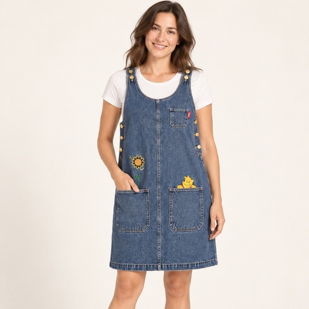 Disney Pooh Denim Jumper Dress Women Large Vintage Embroidered